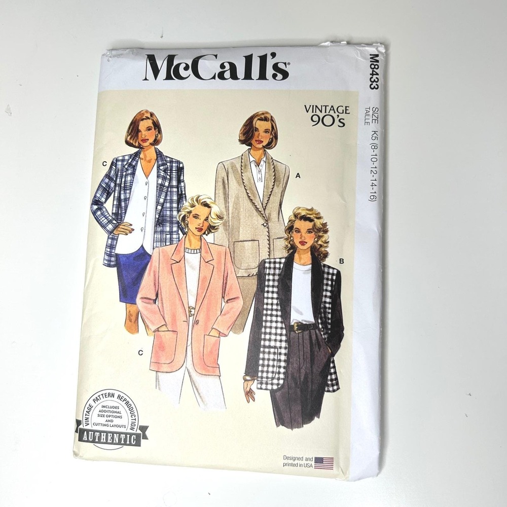 McCall's M8433 Sewing Pattern Vintage 90s Misses Blazer Size K5 (8-10-12-14-16)